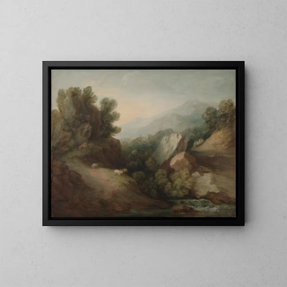Landscape painting of wooded rocky terrain with a valley and a spillway - Thomas Gainsborough — framed artwork on a wall