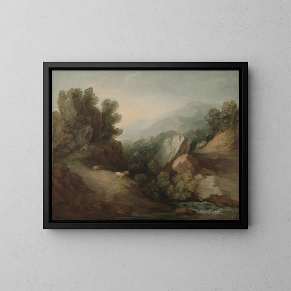 Landscape painting of wooded rocky terrain with a valley and a spillway - Thomas Gainsborough — framed artwork on a wall