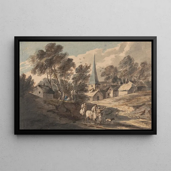 Voyageurs à cheval approchant d'un village avec un clocher - Thomas Gainsborough — framed artwork on a wall