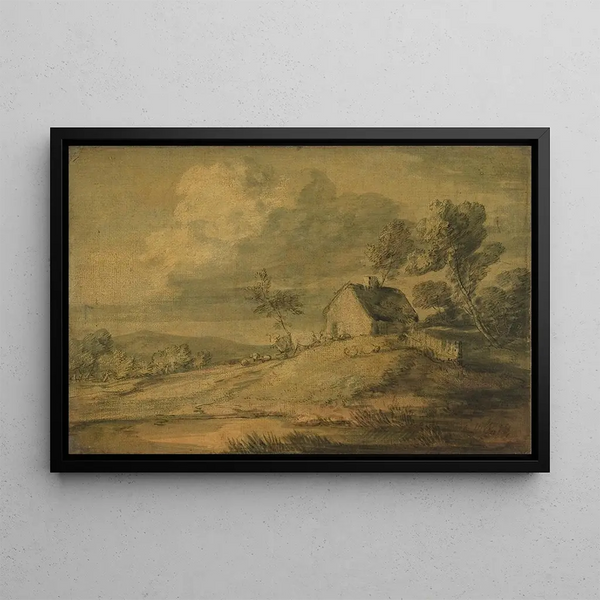 Landscape with thatched cottage, cows, and sheep - Thomas Gainsborough — framed artwork on a wall