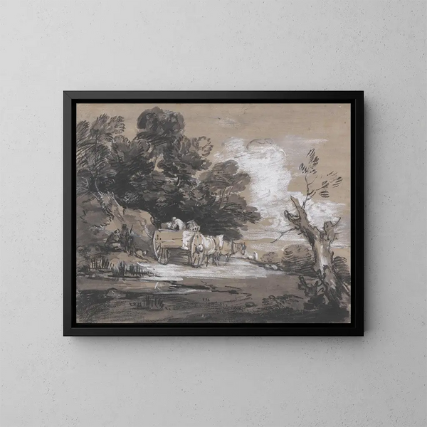 Landscape painting with countryside cart and figures - Thomas Gainsborough — framed artwork on a wall