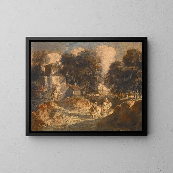 a wooded landscape with peasants on horseback - Thomas Gainsborough — framed artwork on a wall