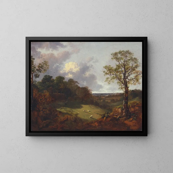 Landscape wooded with a cottage and a shepherd - Thomas Gainsborough — framed artwork on a wall