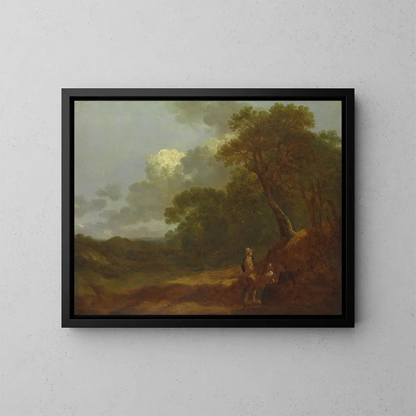 Landscape painting with a man talking to two seated women - Thomas Gainsborough — framed artwork on a wall