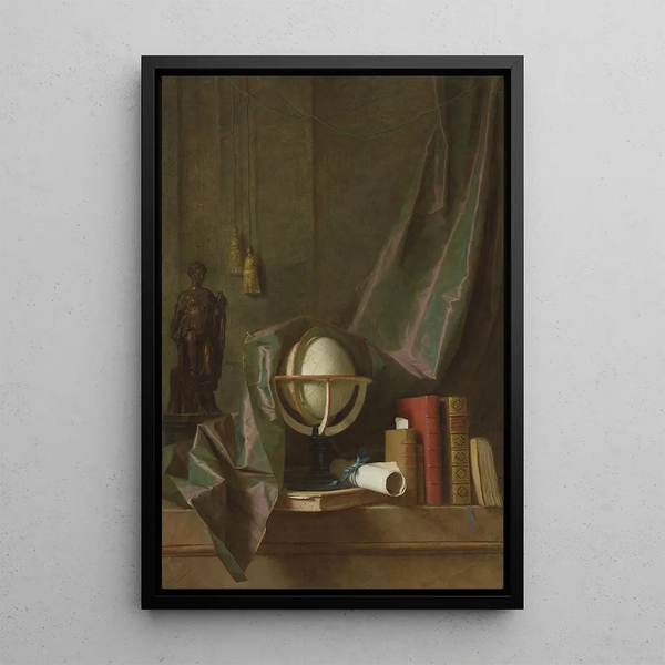 a globe, books, and a statuette on a ledge in a veiled interior by Thomas Germain Joseph Duvivier — framed artwork on a wall