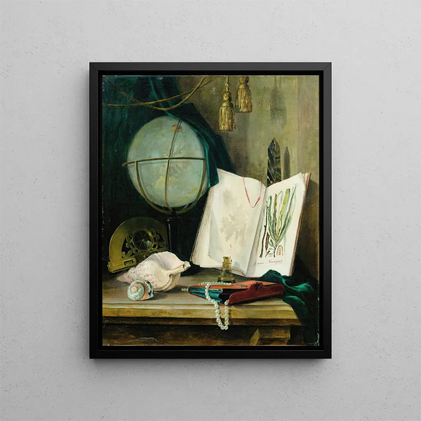 Still life with a globe and shells - Thomas Germain Joseph Duvivier — framed artwork on a wall