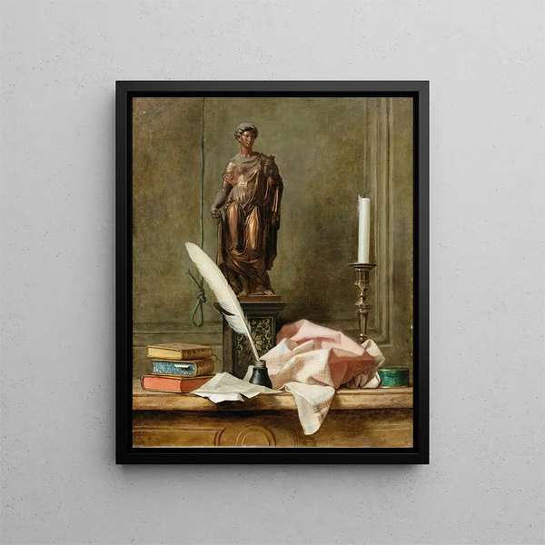 Still life with a statue and an inkwell - Thomas Germain Joseph Duvivier — framed artwork on a wall