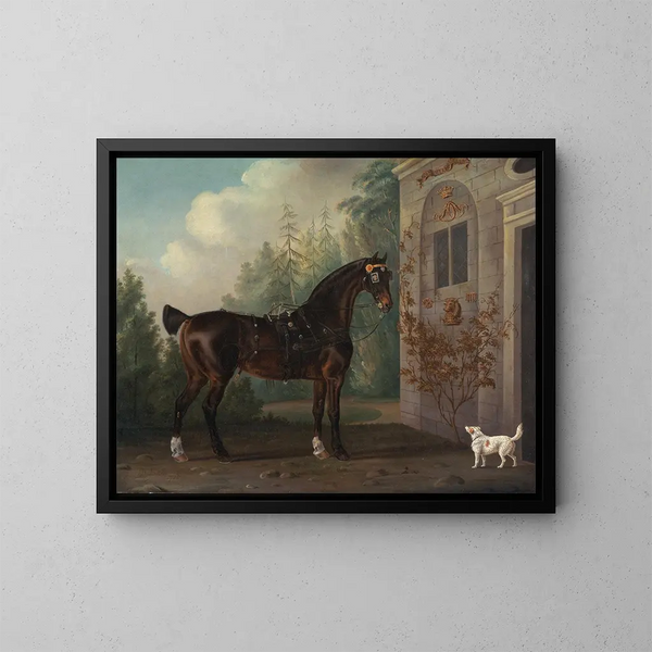 The black carriage horse of Lord Abergavenny with a terrier - Thomas Gooch — framed artwork on a wall