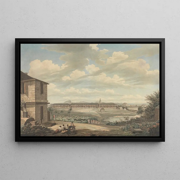 View of Antigua Island, the English barracks, and Saint-Jean Church seen from the hospital - Thomas Hearne — framed artwork on a wall