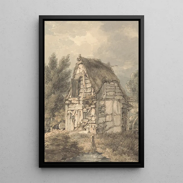 Cottage with half-timbered walls and thatched roof - Thomas Hearne — framed artwork on a wall