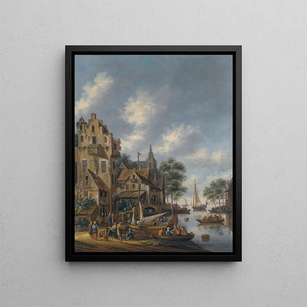 a city by a river with figures at the water's edge - Thomas Heeremans — framed artwork on a wall