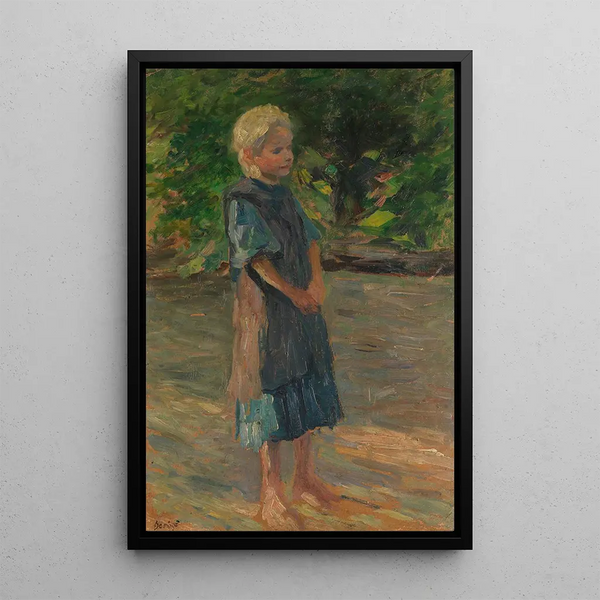 Young girl standing in a blue dress - Thomas Herbst — framed artwork on a wall