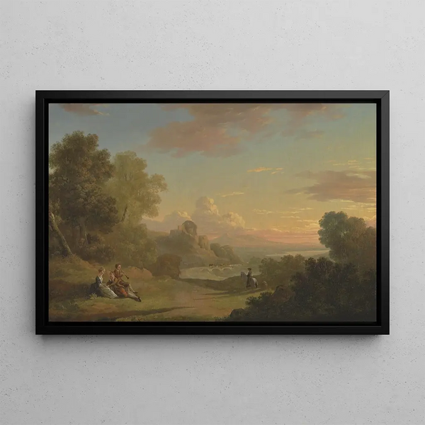 Imaginary landscape painting with a traveler and figures overlooking Baiae Bay - Thomas Jones — framed artwork on a wall
