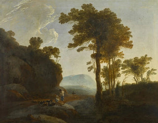 Extended landscape painting with a shepherd and a shepherdess and their flock - Thomas Jones — artwork view
