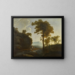 Extended landscape painting with a shepherd and a shepherdess and their flock - Thomas Jones — framed artwork on a wall
