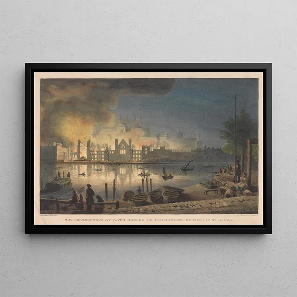 La destruction des deux chambres du Parlement par le feu le 16 octobre 1834 - Thomas Mann Baynes — framed artwork on a wall