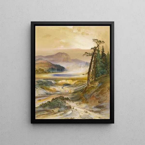 Geyser Excelsior Yellowstone Park - Thomas Moran — framed artwork on a wall