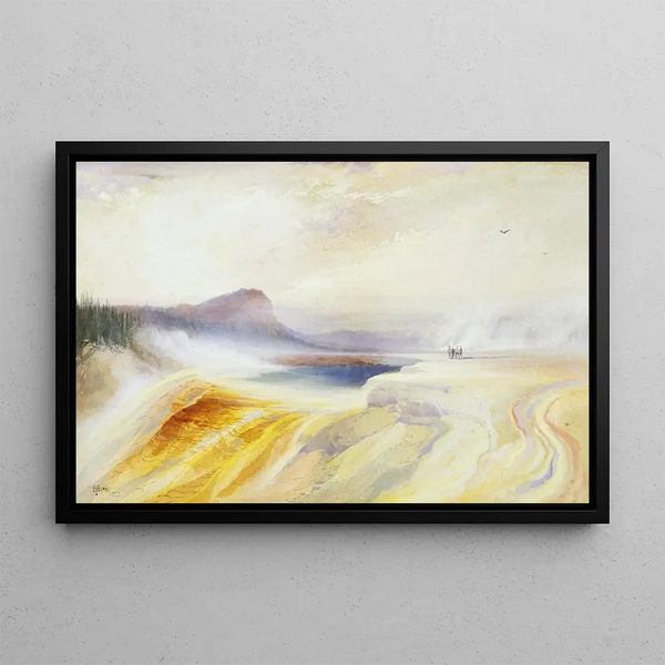 Large blue source painting of the lower basin of the geyser, Firehole River, Yellowstone - Thomas Moran — framed artwork on a wall