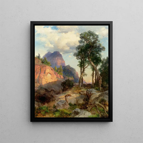 Mountain Lion Painting in the Grand Canyon Den - Thomas Moran — framed artwork on a wall