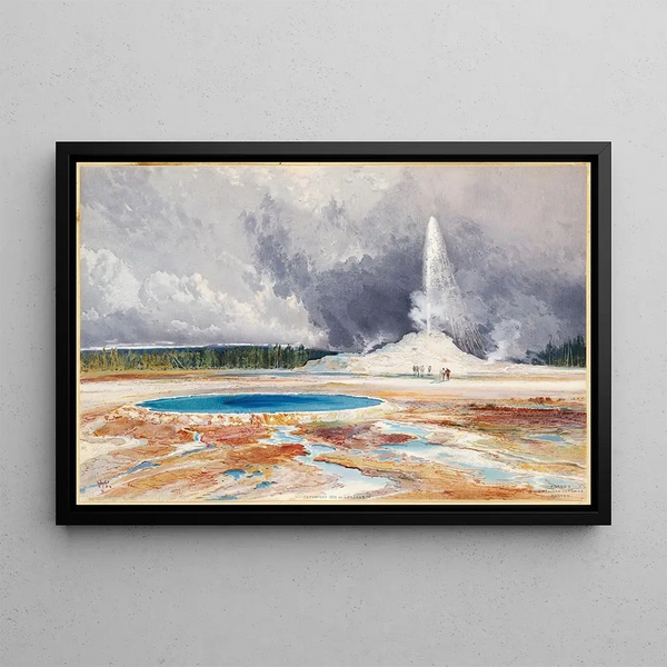 Old Castle Geyser - Thomas Moran — framed artwork on a wall