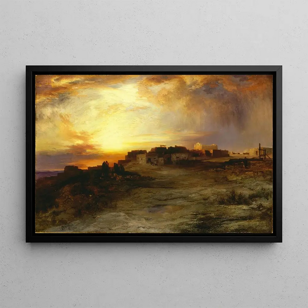Pueblo painting at sunset Laguna - Thomas Moran — framed artwork on a wall
