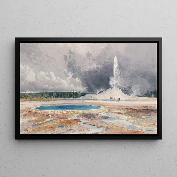 The Castle Geyser, Upper Geyser Basin, Yellowstone National Park - Thomas Moran — framed artwork on a wall
