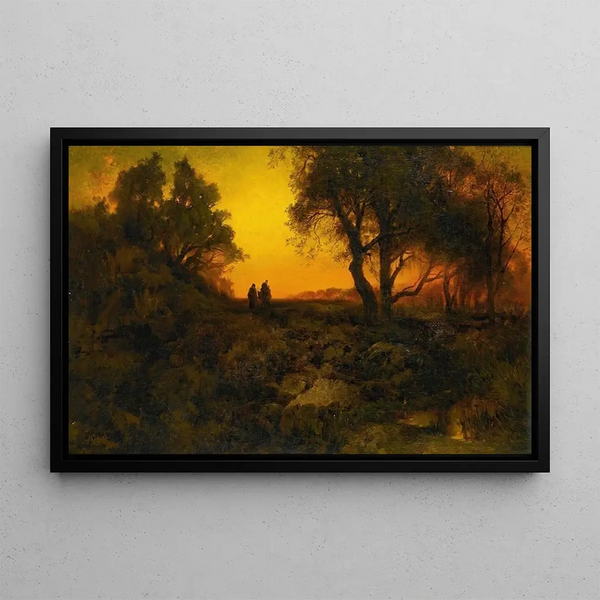 Landscape painting at twilight, flight into Egypt - Thomas Moran — framed artwork on a wall