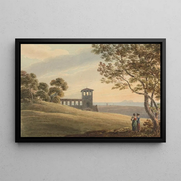 Italian landscape with colonnade and tower - Thomas Richard Underwood — framed artwork on a wall