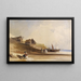 French coastal scene with characters, boats, and fishing huts - Thomas Shotter Boys — framed artwork on a wall