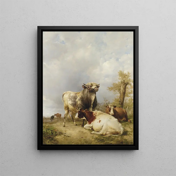 A bull and cows in a landscape - Thomas Sidney Cooper — framed artwork on a wall