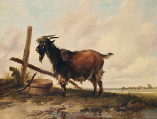 A goat in a landscape with cattle in the distance - Thomas Sidney Cooper — artwork view