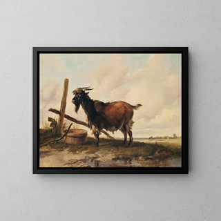 A goat in a landscape with cattle in the distance - Thomas Sidney Cooper — framed artwork on a wall