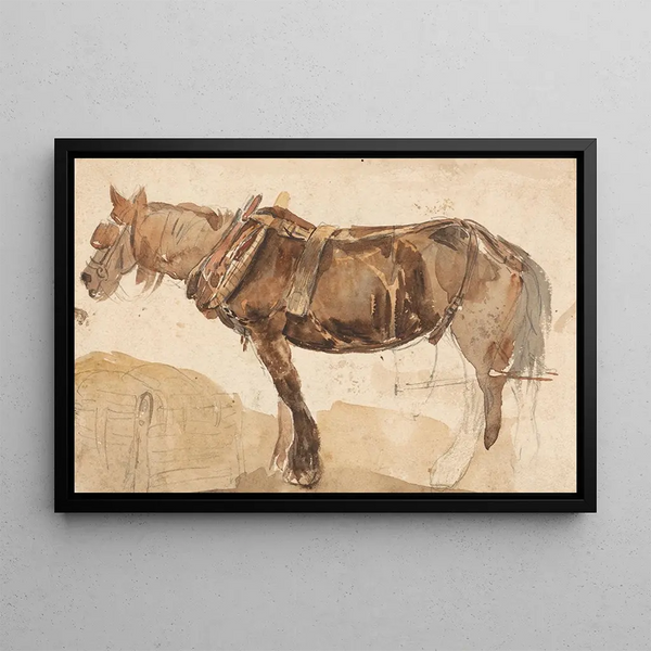 A close-up view of a harnessed horse - Thomas Sidney Cooper — framed artwork on a wall