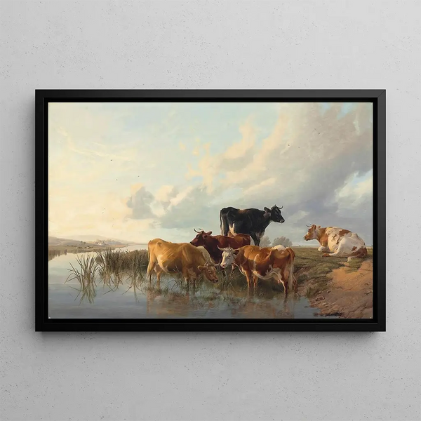 Livestock near a river - Thomas Sidney Cooper — framed artwork on a wall