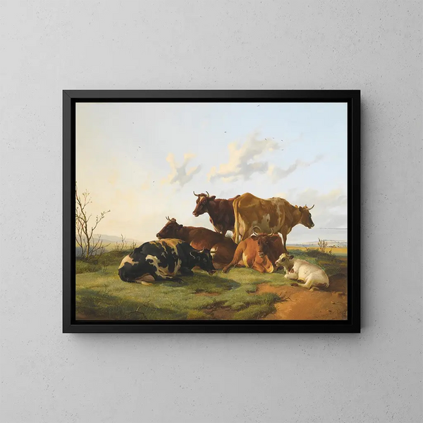 Livestock grazing in the Canterbury meadows - Thomas Sidney Cooper — framed artwork on a wall