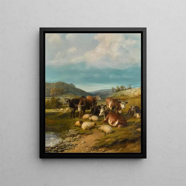 Bovins et moutons à un point d'eau - Thomas Sidney Cooper — framed artwork on a wall