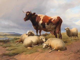 Livestock and sheep in a meadow in a vast landscape - Thomas Sidney Cooper — artwork view