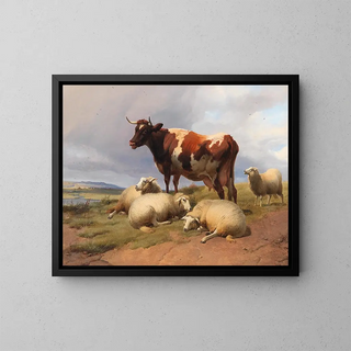Livestock and sheep in a meadow in a vast landscape - Thomas Sidney Cooper — framed artwork on a wall