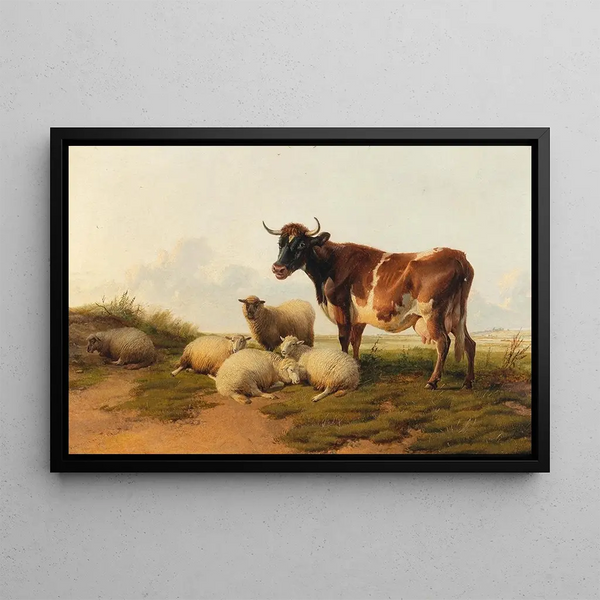 Sheep and Cows in the Meadow - Thomas Sidney Cooper — framed artwork on a wall