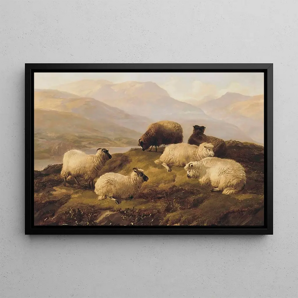 Sheep Resting in Highland Landscape - Thomas Sidney Cooper — framed artwork on a wall