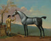 a Stare and a Grey Racehorse held by a Stable Hand in a Landscape - Thomas Spencer — artwork view