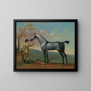 a Stare and a Grey Racehorse held by a Stable Hand in a Landscape - Thomas Spencer — framed artwork on a wall