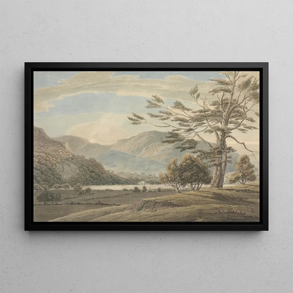Landscape with Trees, Lakes, and Mountains, Lake District - Thomas Sunderland — framed artwork on a wall
