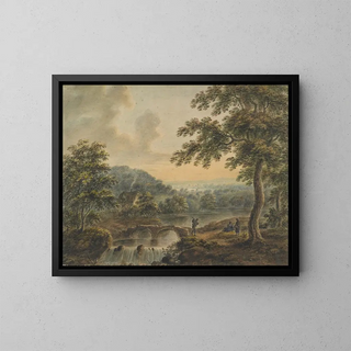 Landscape with Bridge and Waterfall - Thomas Walmsley — framed artwork on a wall