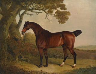 a painting of a brown horse tied to a tree in a landscape - Thomas Weaver — artwork view
