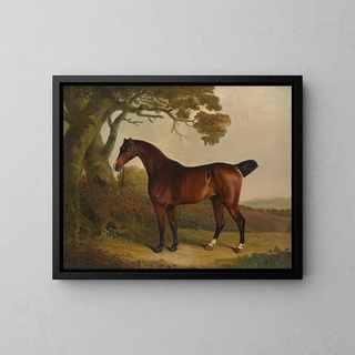 a painting of a brown horse tied to a tree in a landscape - Thomas Weaver — framed artwork on a wall