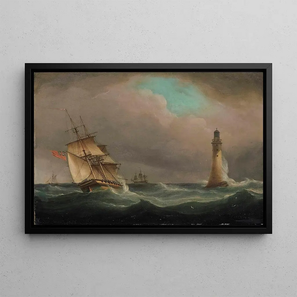 A frigate rising in the breeze off Eddystone Lighthouse - Thomas Whitcombe — framed artwork on a wall