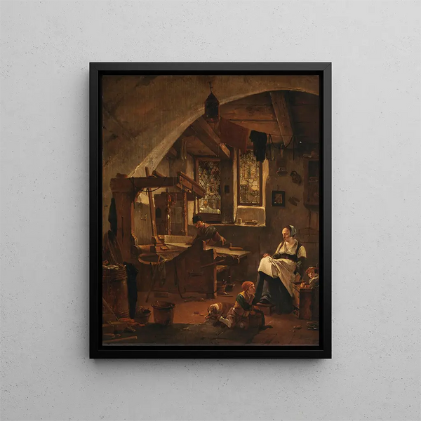 Interior of a weavers' cottage - Thomas Wijck — framed artwork on a wall