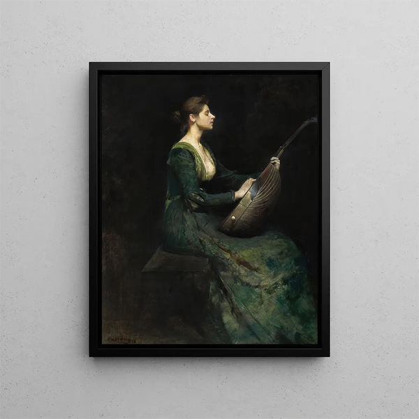 Lady with a Lute - Thomas Wilmer Dewing — framed artwork on a wall