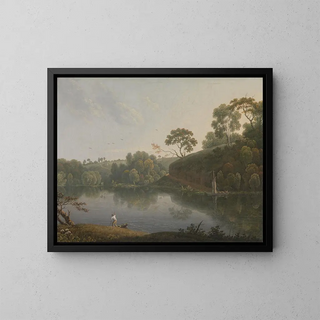 Landscape with a Lake and Boats - Thomas Wright — framed artwork on a wall